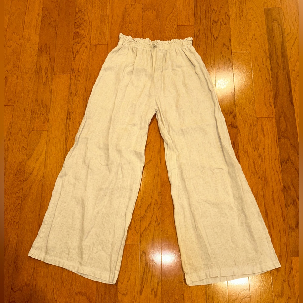 Brand Bazar 100% Linen Neutral Wide Leg See Through Elastic Waist Pants